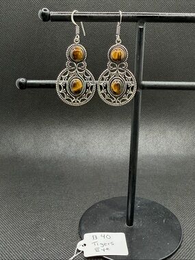 Tiger's Eye Filigree Drop Earrings - Sterling Silver 1.6”
